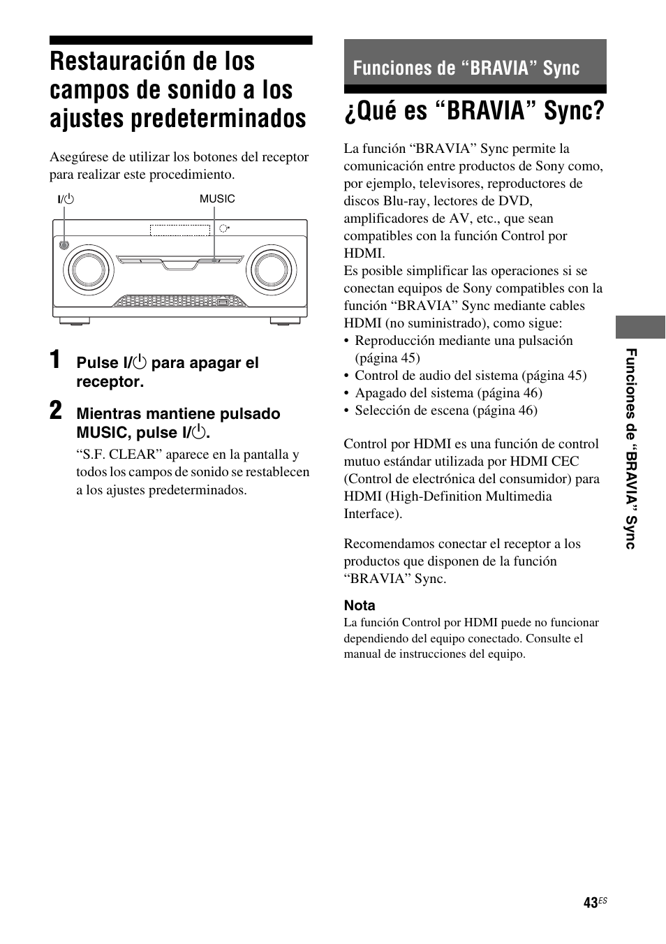 Funciones de “bravia” sync, Qué es “bravia” sync, Restauración de los campos de sonido a | Los ajustes predeterminados | Sony HT-M5 User Manual | Page 105 / 128