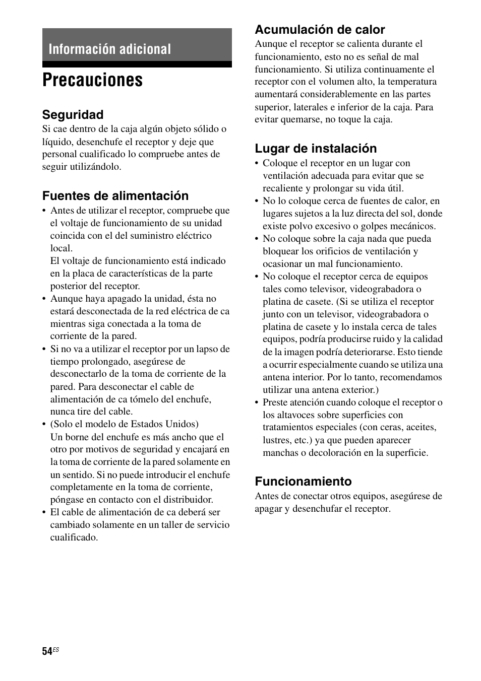 Información adicional, Precauciones | Sony HT-M5 User Manual | Page 116 / 128