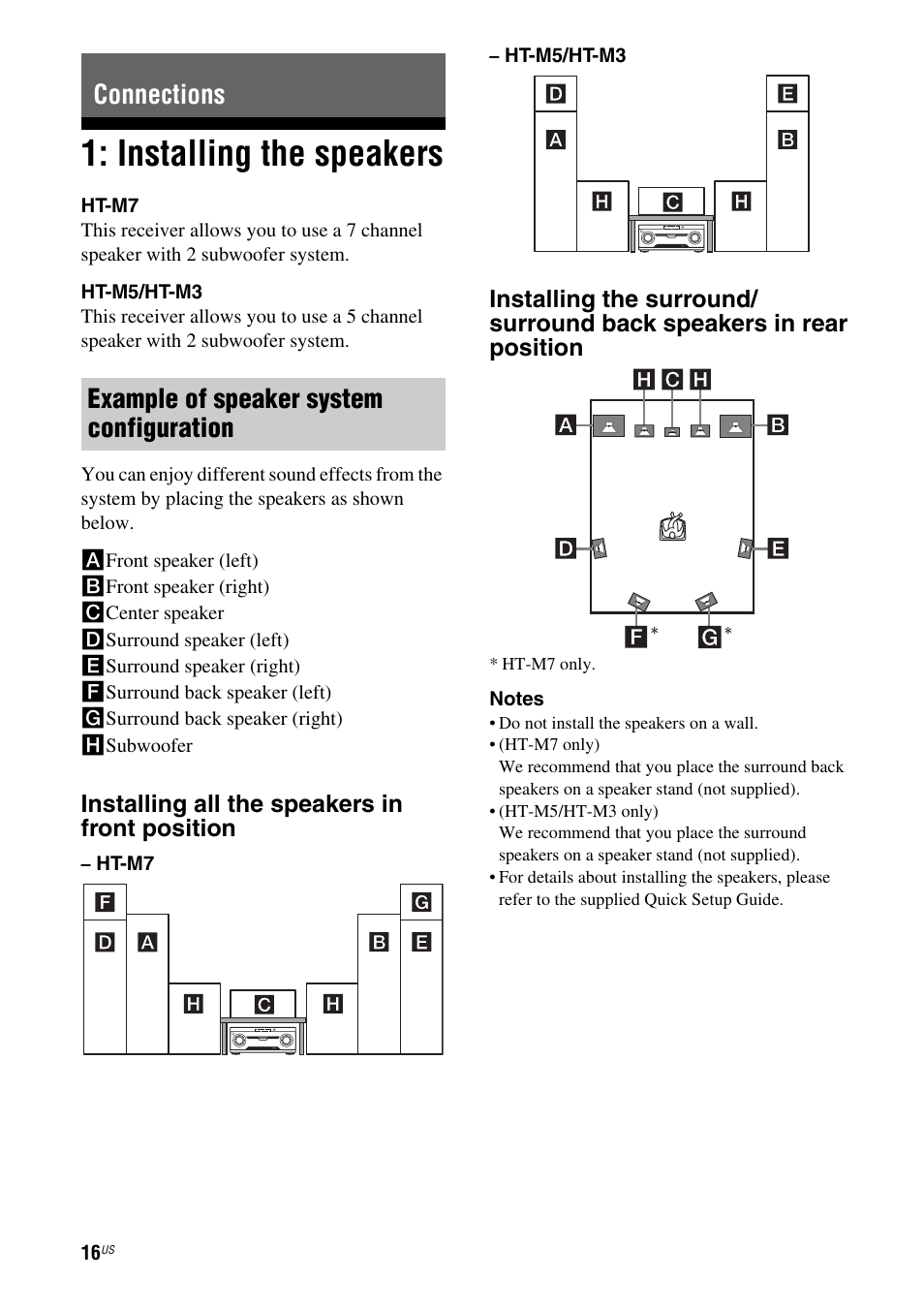 Connections, Installing the speakers, E 16 | Installing all the speakers in front position | Sony HT-M5 User Manual | Page 16 / 128