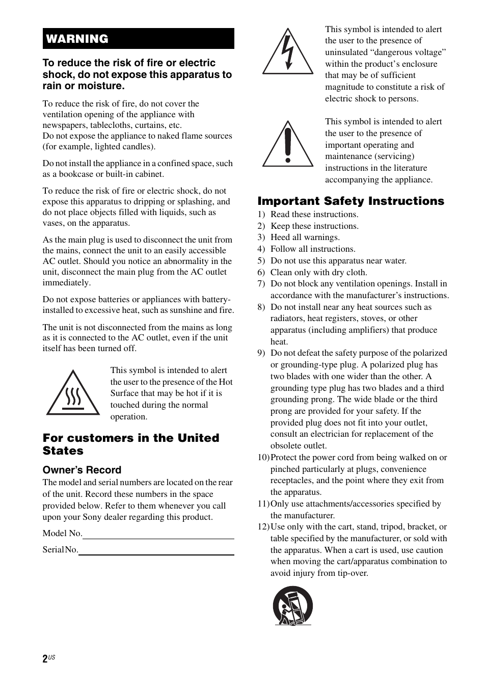 For customers in the united states, Important safety instructions, Warning | Sony HT-M5 User Manual | Page 2 / 128