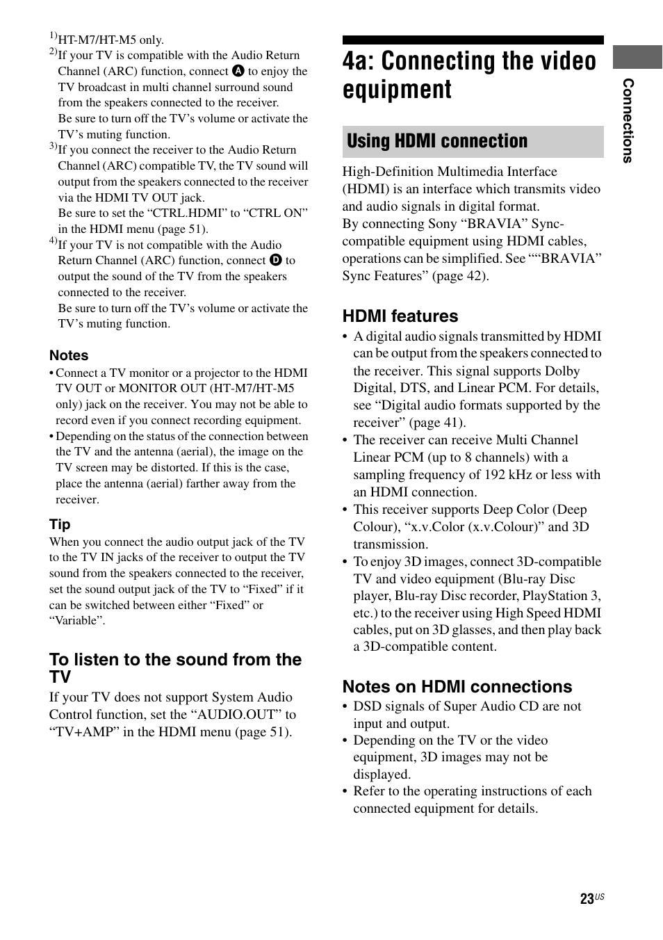 4a: connecting the video equipment, Using hdmi connection, Hdmi features | Sony HT-M5 User Manual | Page 23 / 128