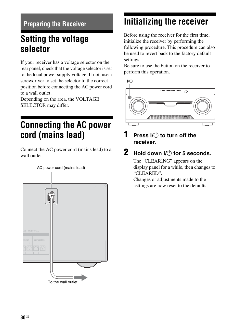 Preparing the receiver, Setting the voltage selector, Connecting the ac power cord (mains lead) | Initializing the receiver, Mains lead), E 30, 42) | Sony HT-M5 User Manual | Page 30 / 128