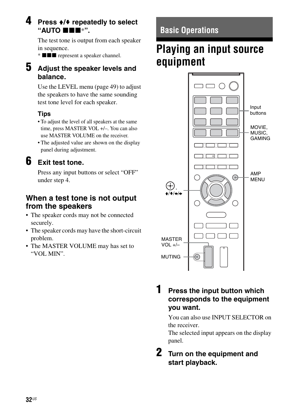 Basic operations, Playing an input source equipment, E 32, 33 | Playing an input source equipment 1 | Sony HT-M5 User Manual | Page 32 / 128