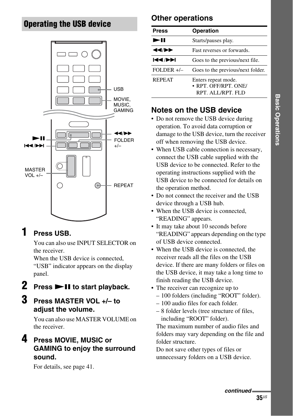 Operating the usb device | Sony HT-M5 User Manual | Page 35 / 128