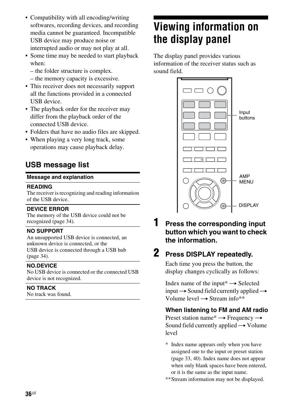 Viewing information on the display panel, Viewing information on the display, Panel | Usb message list | Sony HT-M5 User Manual | Page 36 / 128