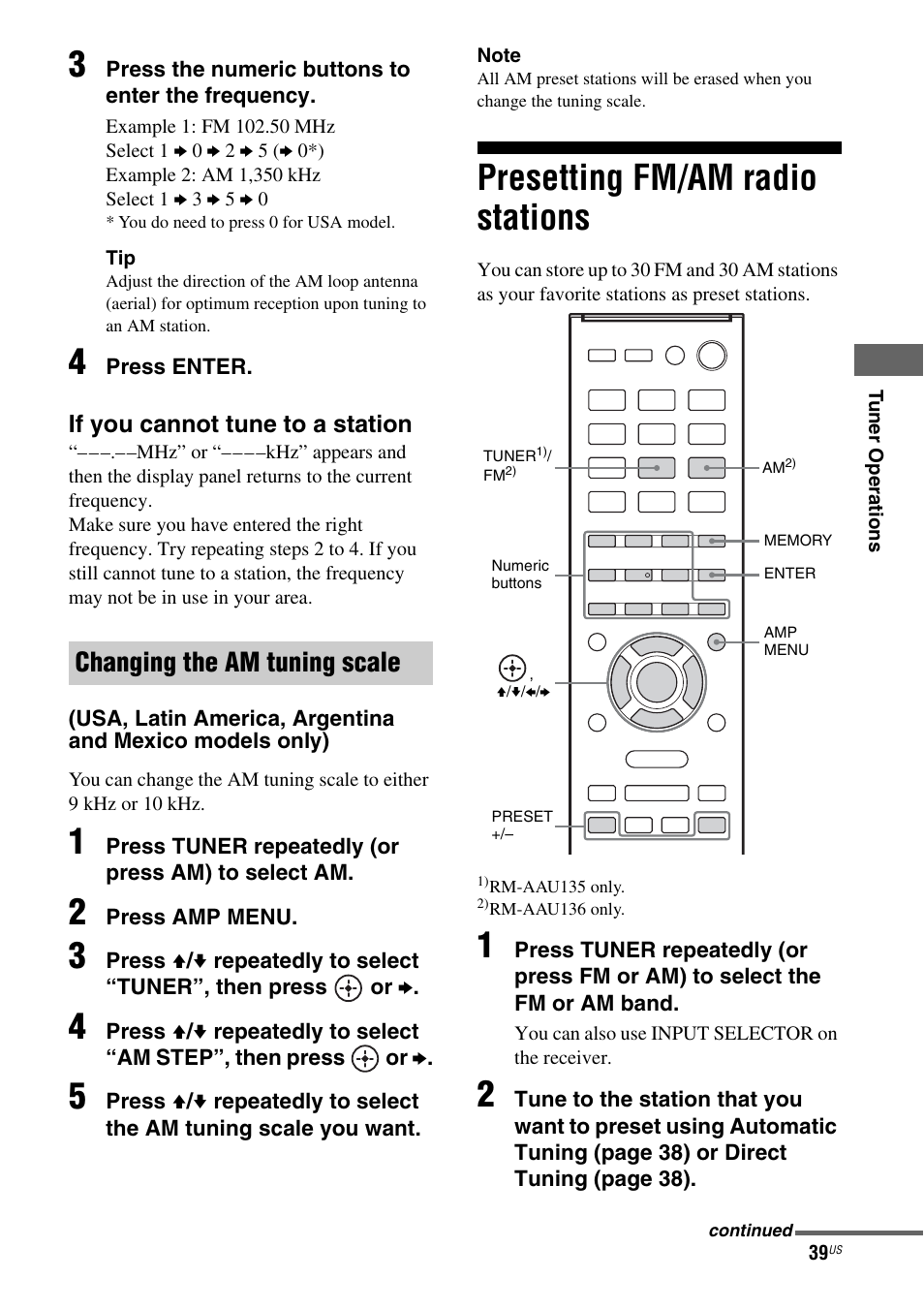 Presetting fm/am radio stations, Changing the am tuning scale | Sony HT-M5 User Manual | Page 39 / 128