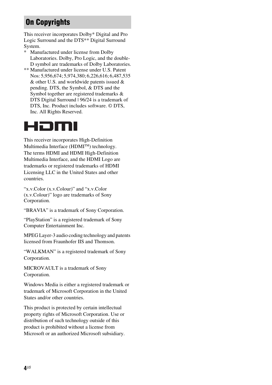 On copyrights | Sony HT-M5 User Manual | Page 4 / 128