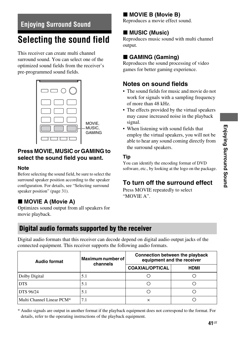 Enjoying surround sound, Selecting the sound field, E 41) | Digital audio formats supported by the receiver | Sony HT-M5 User Manual | Page 41 / 128