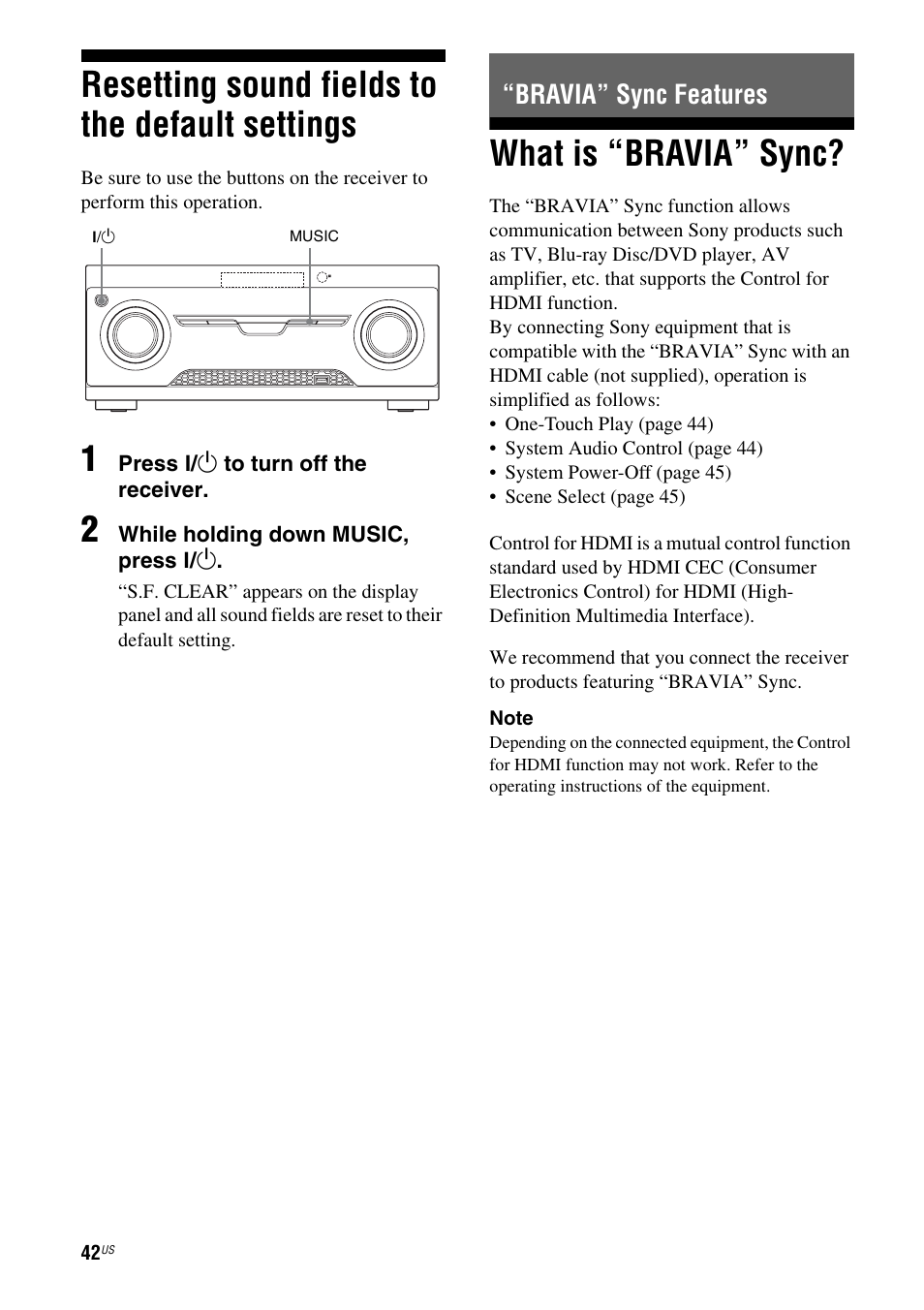 Resetting sound fields to the default settings, Bravia” sync features, What is “bravia” sync | Resetting sound fields to the default, Settings | Sony HT-M5 User Manual | Page 42 / 128