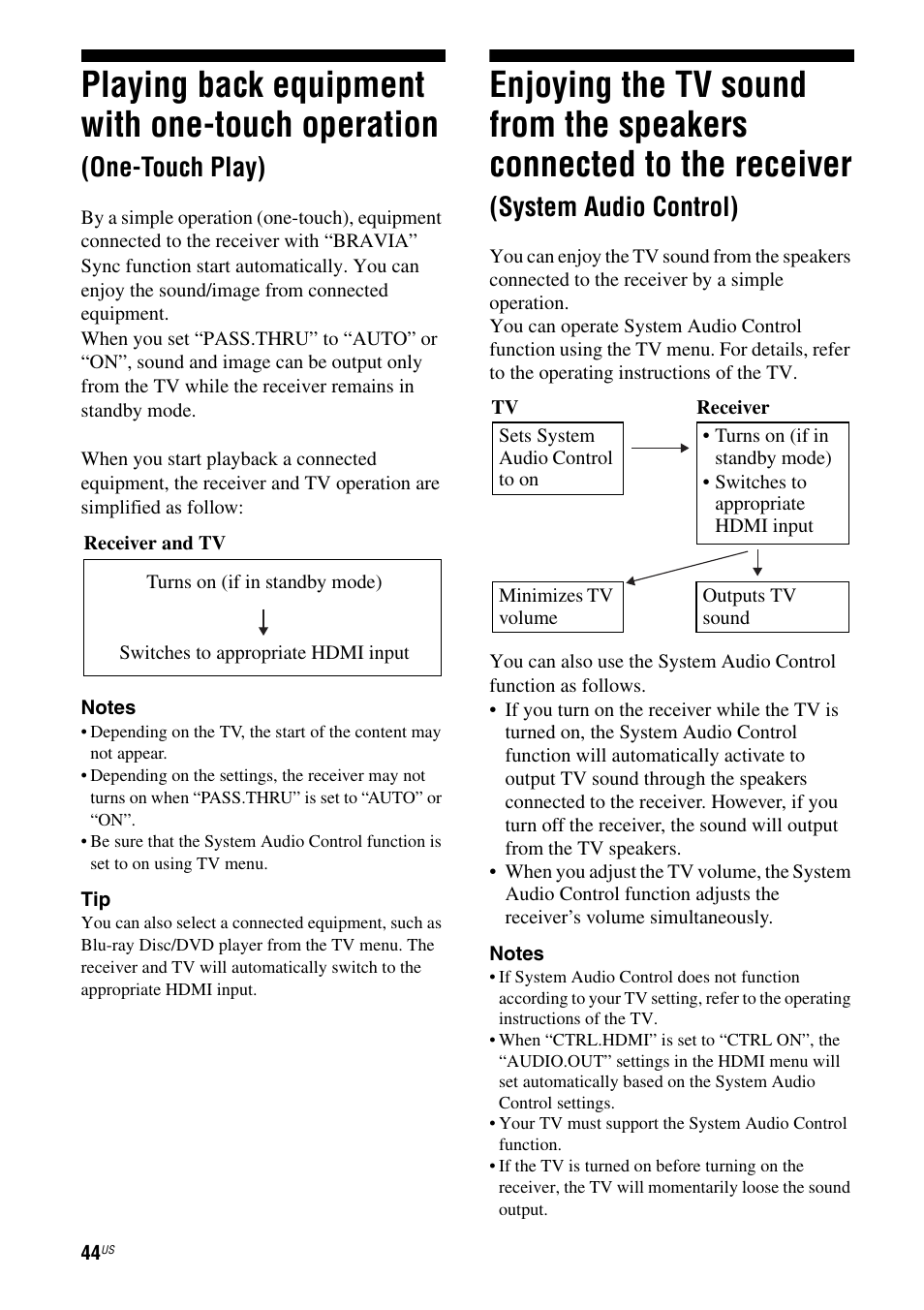 Playing back equipment with one-touch, Operation (one-touch play), Enjoying the tv sound from the speakers | Connected to the receiver (system audio control), Playing back equipment with one-touch operation, One-touch play), System audio control) | Sony HT-M5 User Manual | Page 44 / 128