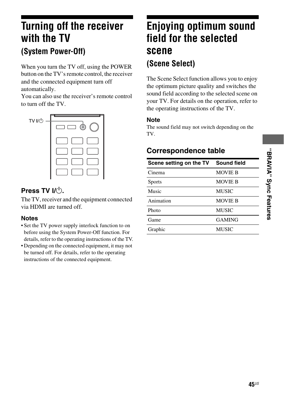 Turning off the receiver with the tv, System power-off), Enjoying optimum sound field for the | Selected scene (scene select), Scene select), Correspondence table | Sony HT-M5 User Manual | Page 45 / 128