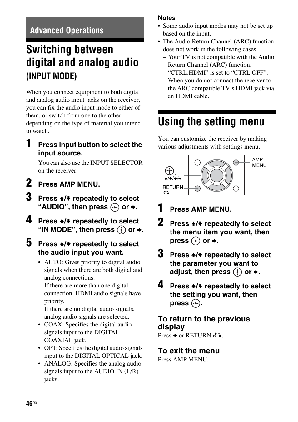 Advanced operations, Using the setting menu, Switching between digital and analog | Audio (input mode), Switching between digital and analog audio, Input mode) | Sony HT-M5 User Manual | Page 46 / 128