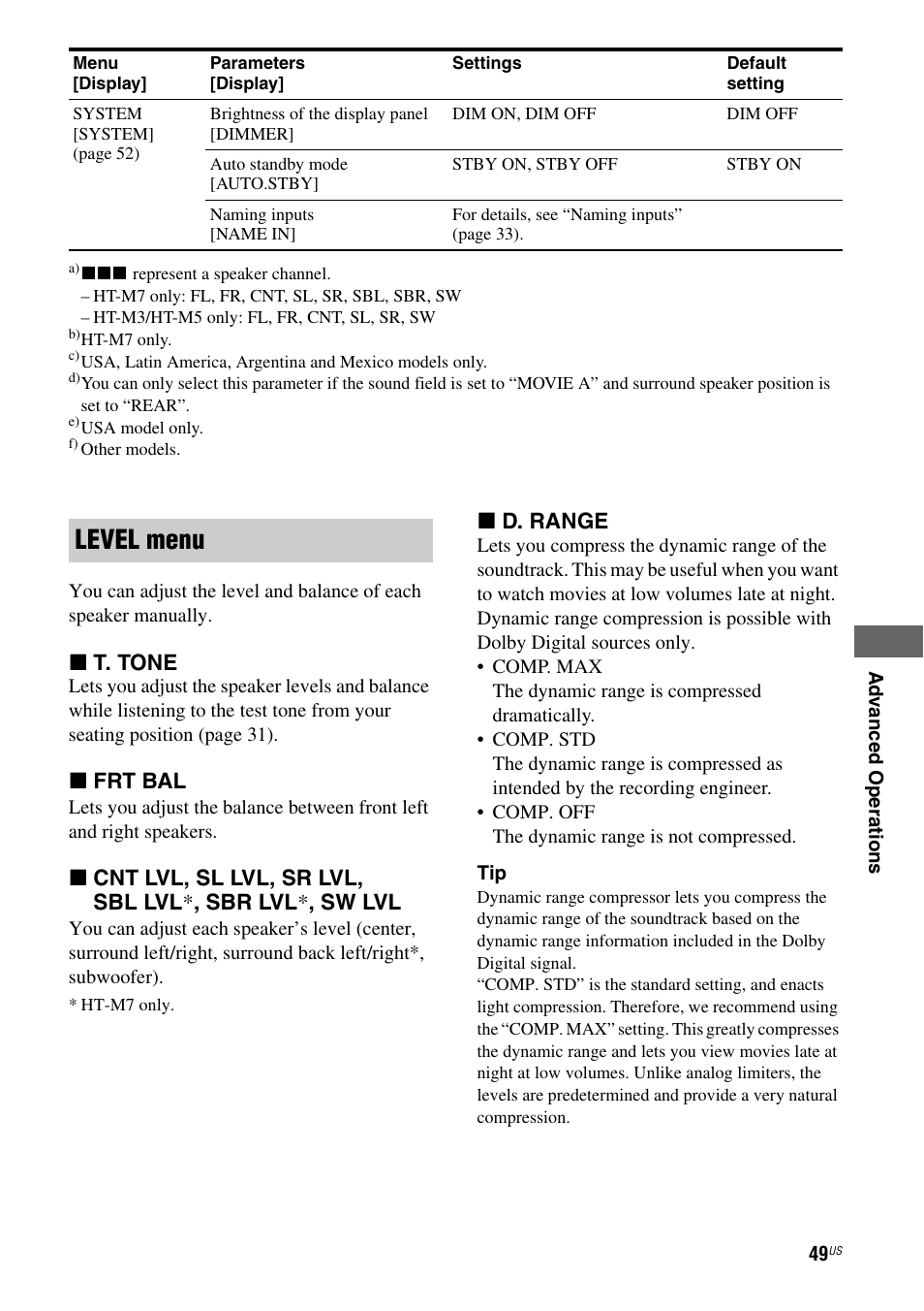 Level menu | Sony HT-M5 User Manual | Page 49 / 128