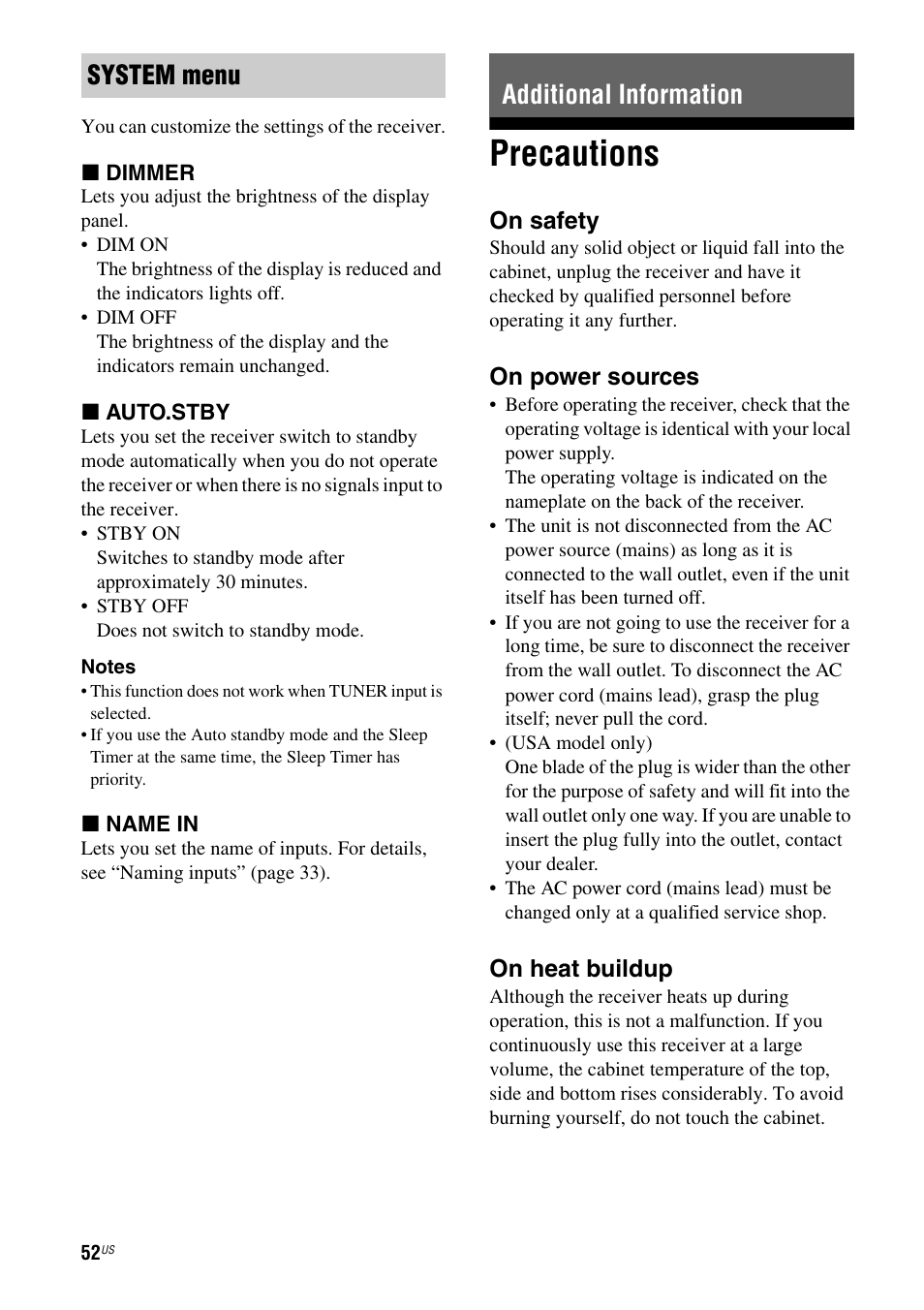 Additional information, Precautions, System menu additional information | Sony HT-M5 User Manual | Page 52 / 128