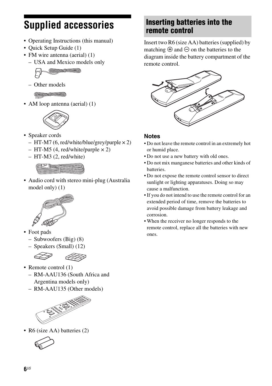 Supplied accessories, Inserting batteries into the remote control | Sony HT-M5 User Manual | Page 6 / 128