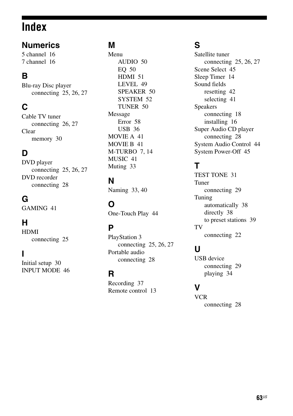 Index, Numerics | Sony HT-M5 User Manual | Page 63 / 128