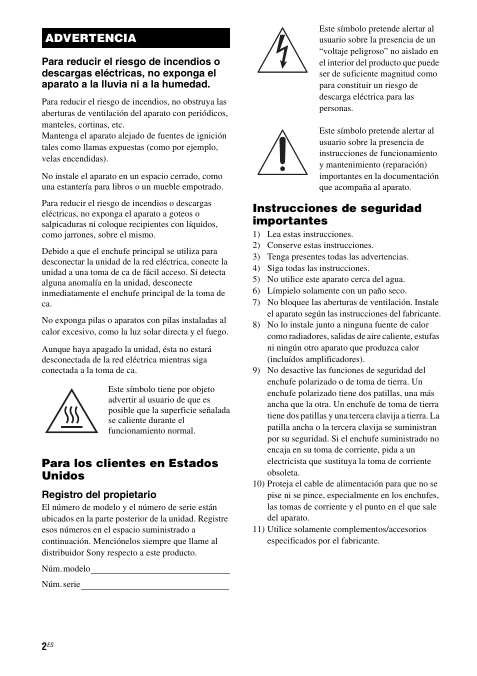 Para los clientes en estados unidos, Instrucciones de seguridad importantes, Advertencia | Sony HT-M5 User Manual | Page 64 / 128