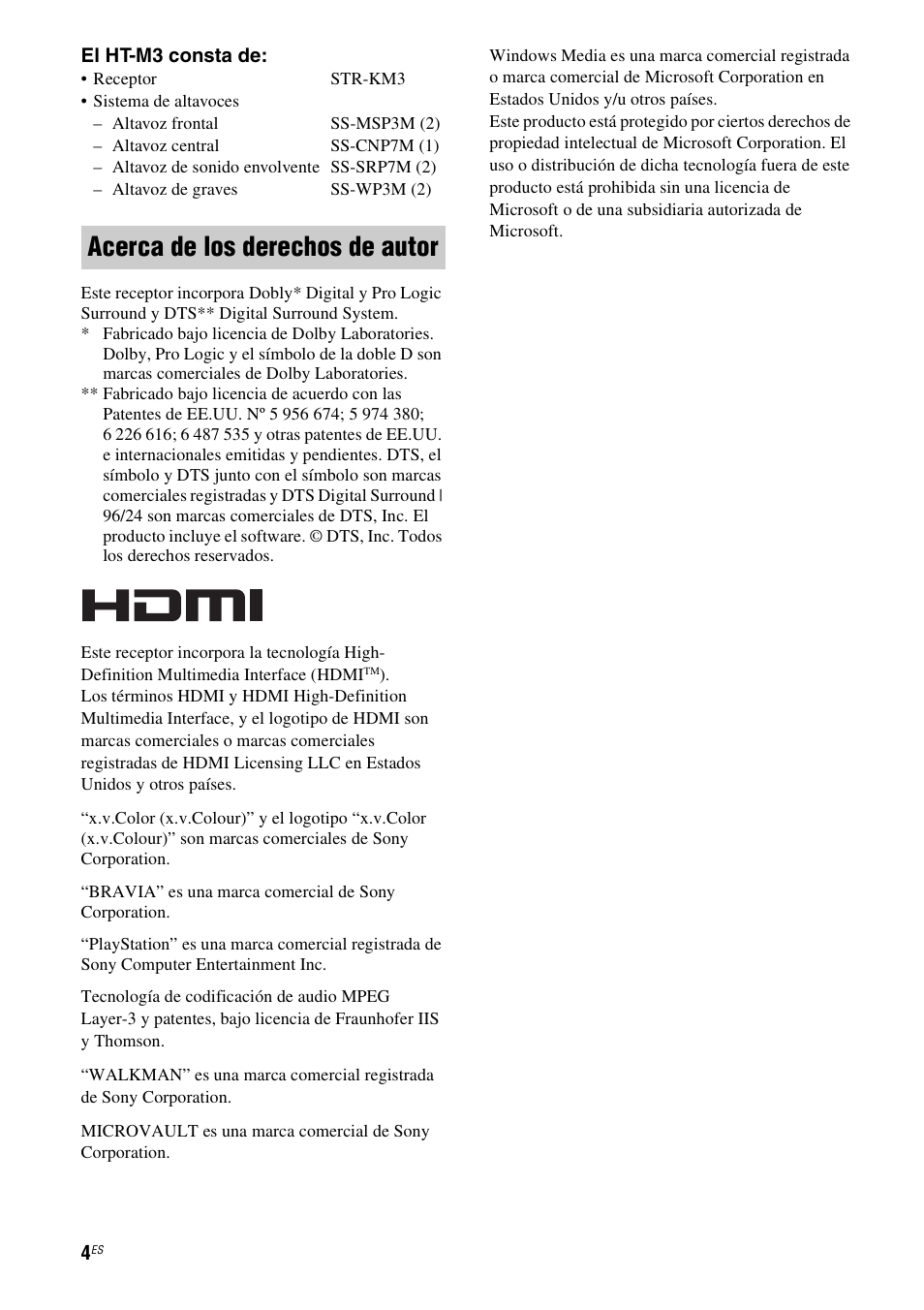 Acerca de los derechos de autor | Sony HT-M5 User Manual | Page 66 / 128