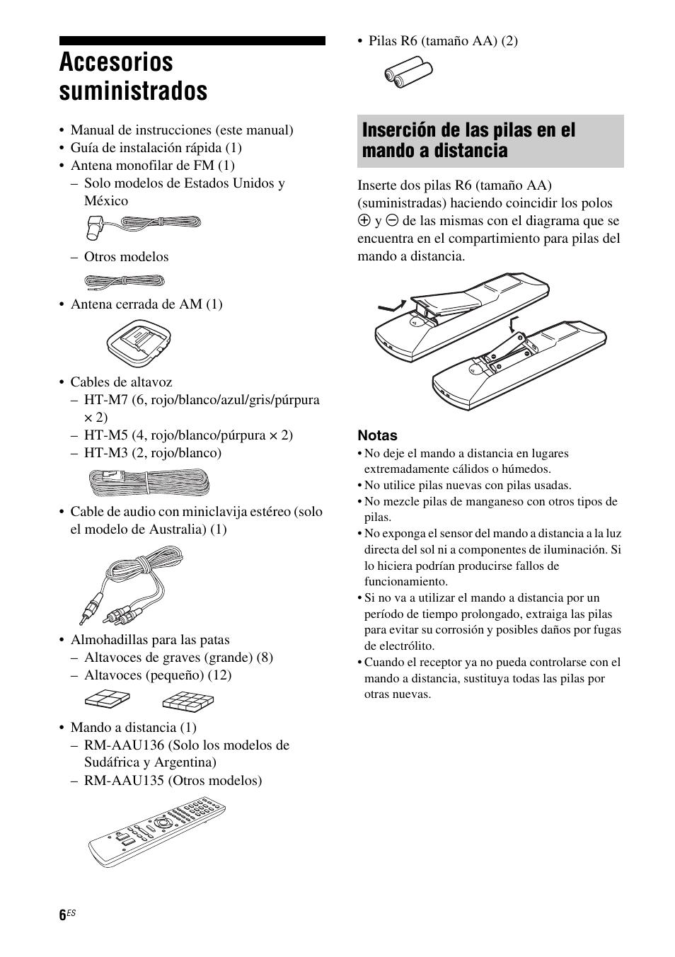 Accesorios suministrados, Inserción de las pilas en el mando a distancia | Sony HT-M5 User Manual | Page 68 / 128