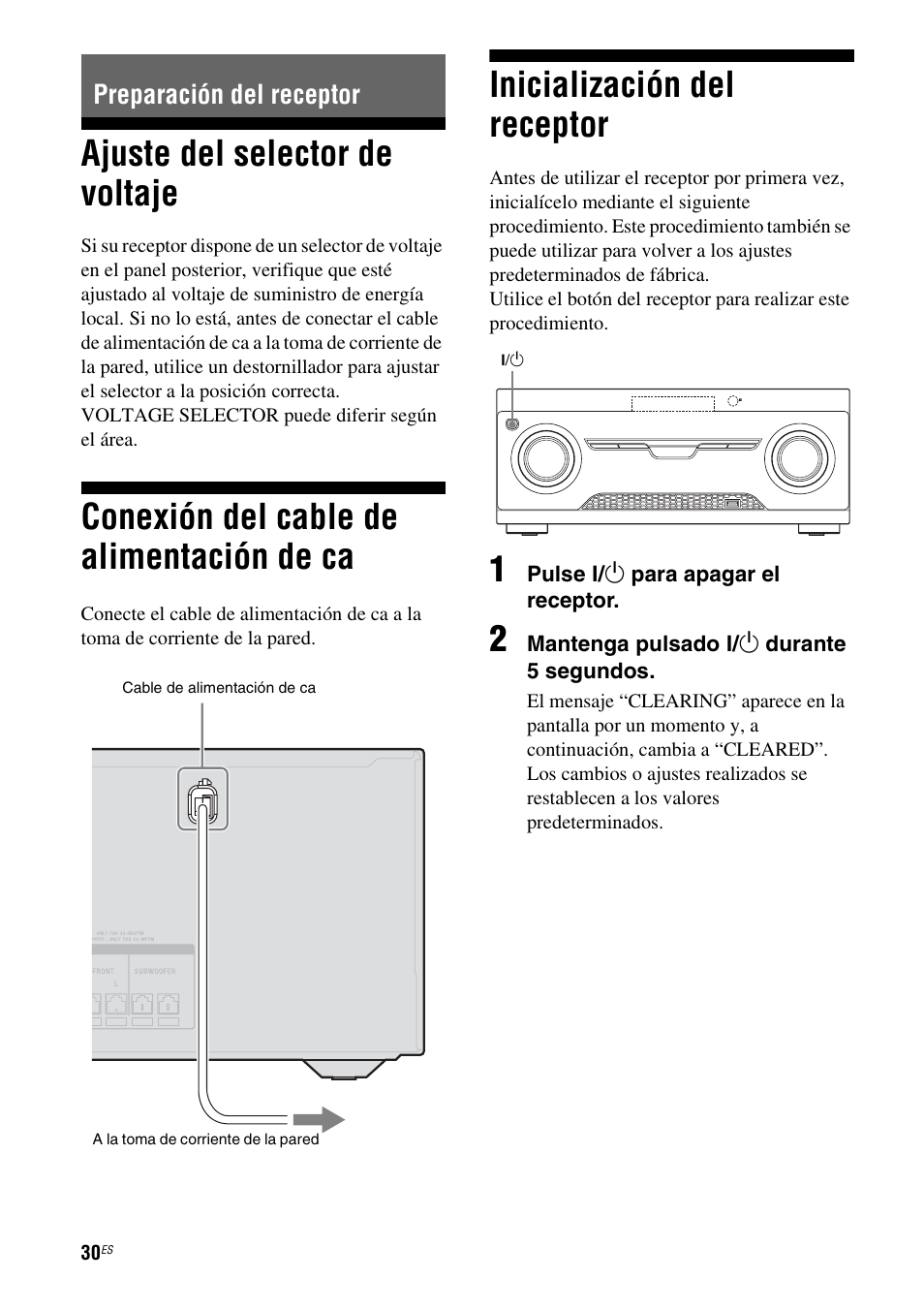 Preparación del receptor, Ajuste del selector de voltaje, Conexión del cable de alimentación de ca | Inicialización del receptor, A 30 | Sony HT-M5 User Manual | Page 92 / 128