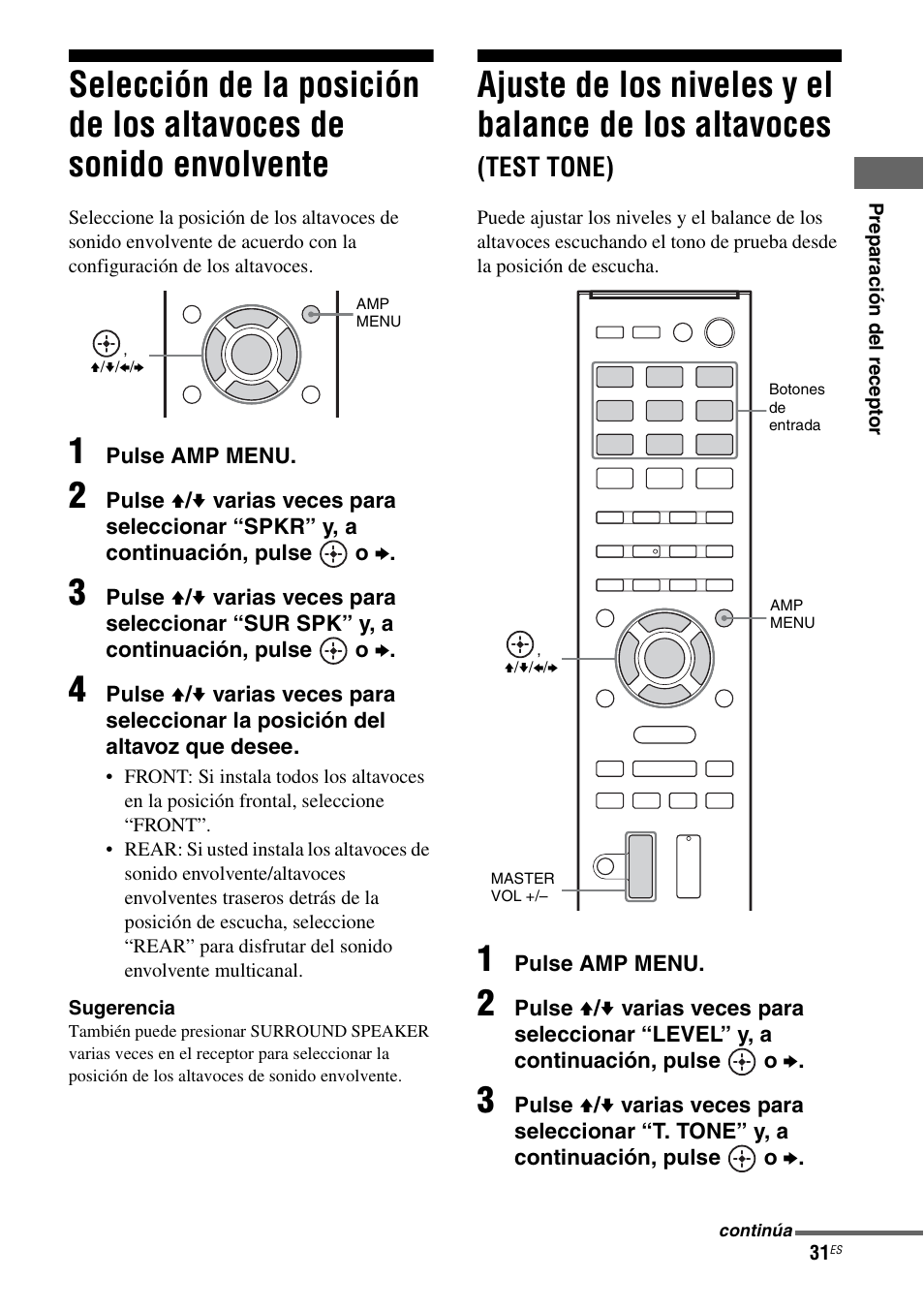 Selección de la posición de los altavoces, De sonido envolvente, Ajuste de los niveles y el balance de los | Altavoces (test tone), A 31), Test tone) | Sony HT-M5 User Manual | Page 93 / 128