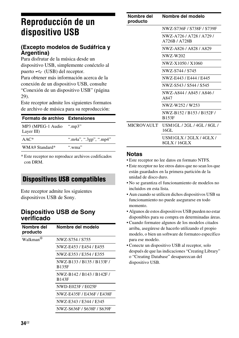 Reproducción de un dispositivo usb, Excepto modelos de sudáfrica y argentina), Dispositivos usb compatibles | Dispositivo usb de sony verificado, Notas | Sony HT-M5 User Manual | Page 96 / 128