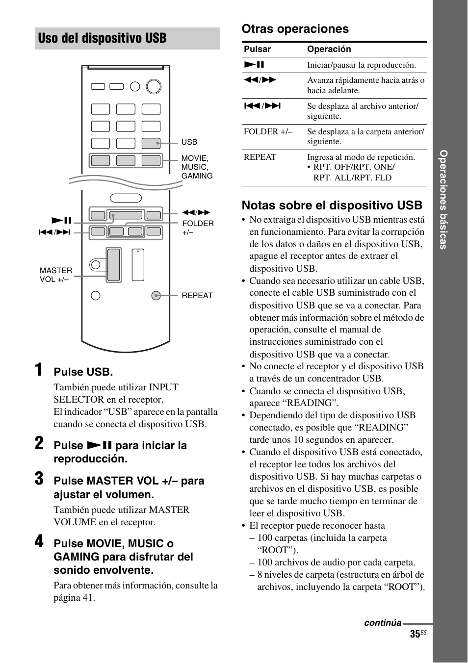 Uso del dispositivo usb, Otras operaciones notas sobre el dispositivo usb | Sony HT-M5 User Manual | Page 97 / 128