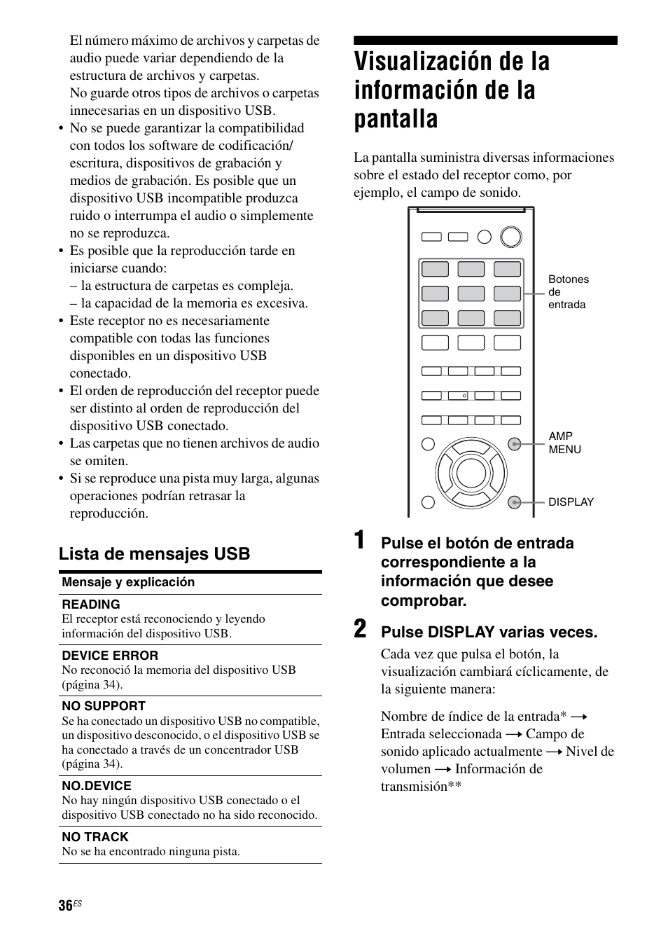 Visualización de la información de la pantalla, Visualización de la información de la, Pantalla | Lista de mensajes usb | Sony HT-M5 User Manual | Page 98 / 128