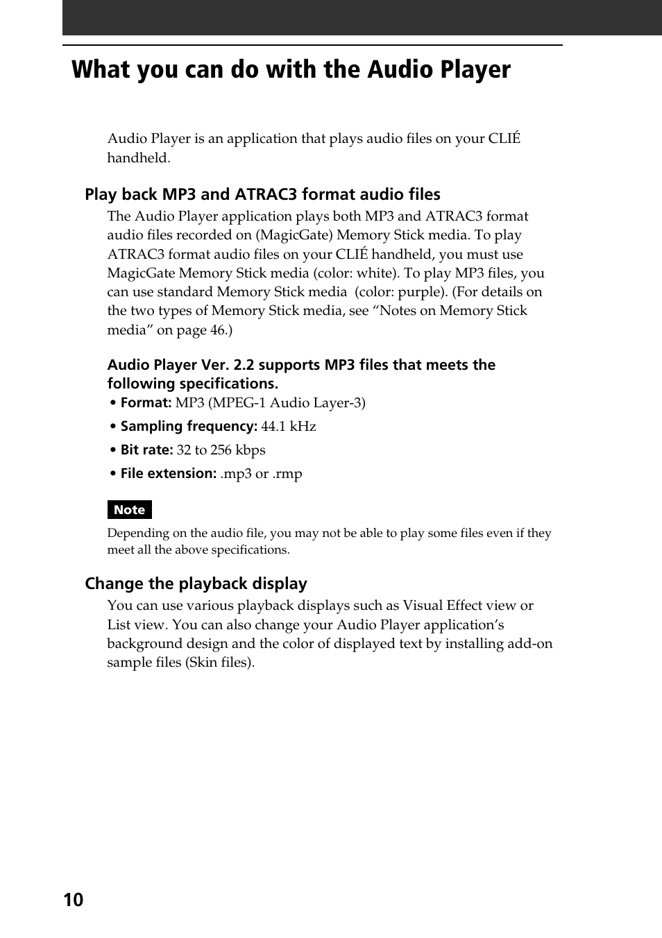 What you can do with the audio player | Sony PEG-NR70V User Manual | Page 10 / 212