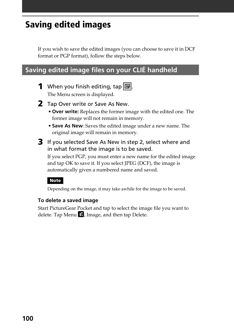 Saving edited images, Saving edited image files on your clié handheld | Sony PEG-NR70V User Manual | Page 100 / 212