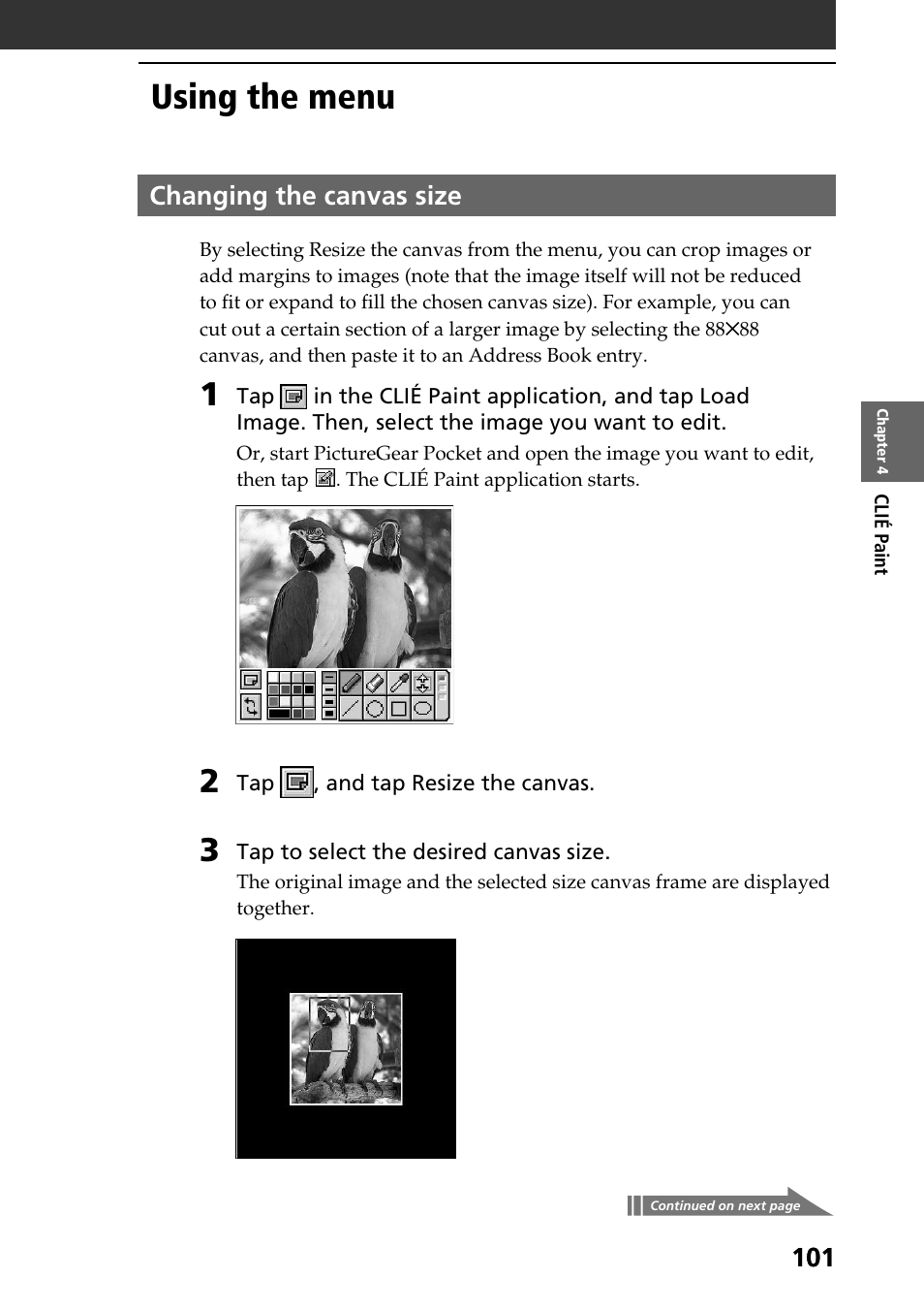 Using the menu, Changing the canvas size | Sony PEG-NR70V User Manual | Page 101 / 212