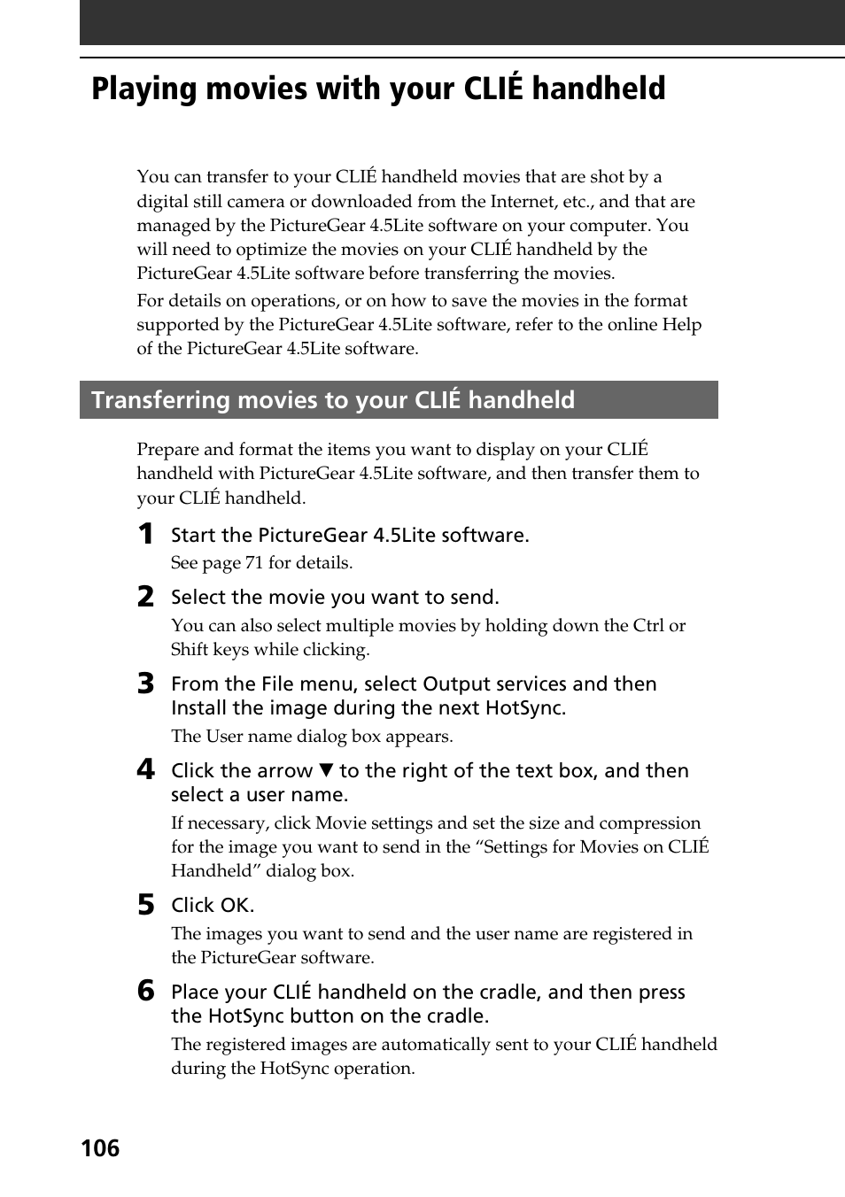 Playing movies with your clié handheld, Transferring movies to your clié handheld | Sony PEG-NR70V User Manual | Page 106 / 212