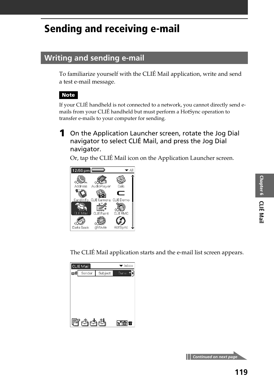 Sending and receiving e-mail, Writing and sending e-mail | Sony PEG-NR70V User Manual | Page 119 / 212
