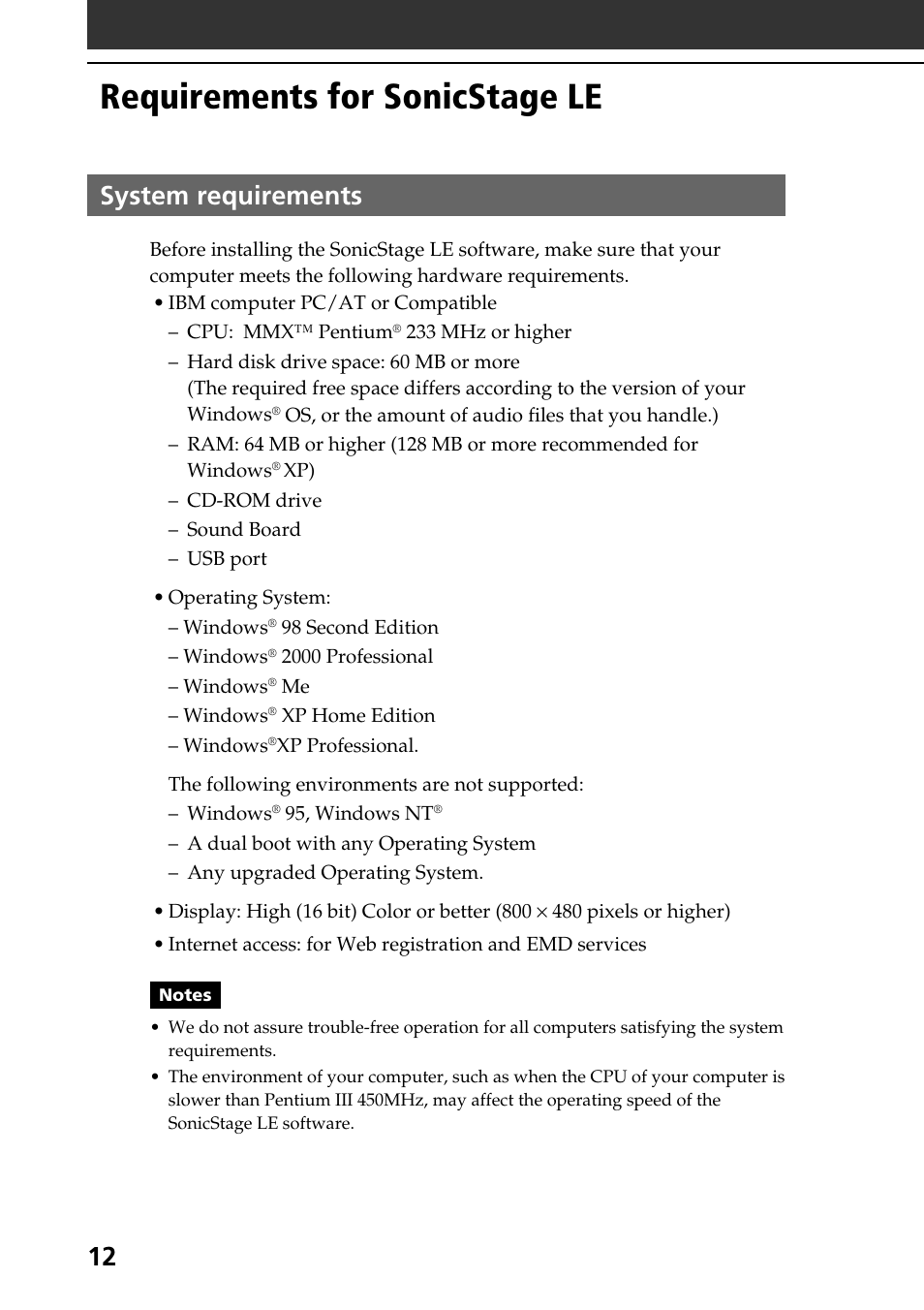 Requirements for sonicstage le, System requirements, 12 system requirements | Sony PEG-NR70V User Manual | Page 12 / 212