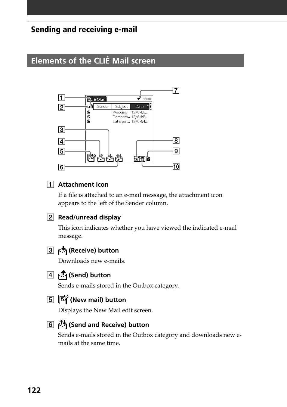 Elements of the clié mail screen | Sony PEG-NR70V User Manual | Page 122 / 212