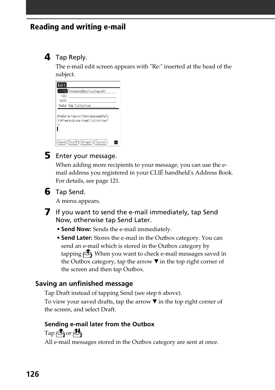 Reading and writing e-mail | Sony PEG-NR70V User Manual | Page 126 / 212