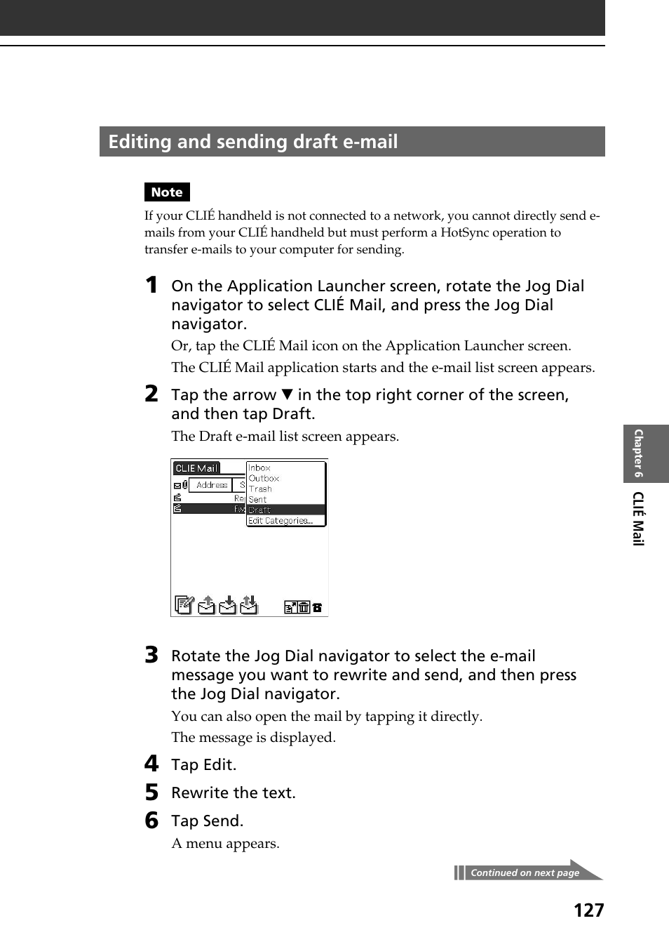 Editing and sending draft e-mail | Sony PEG-NR70V User Manual | Page 127 / 212