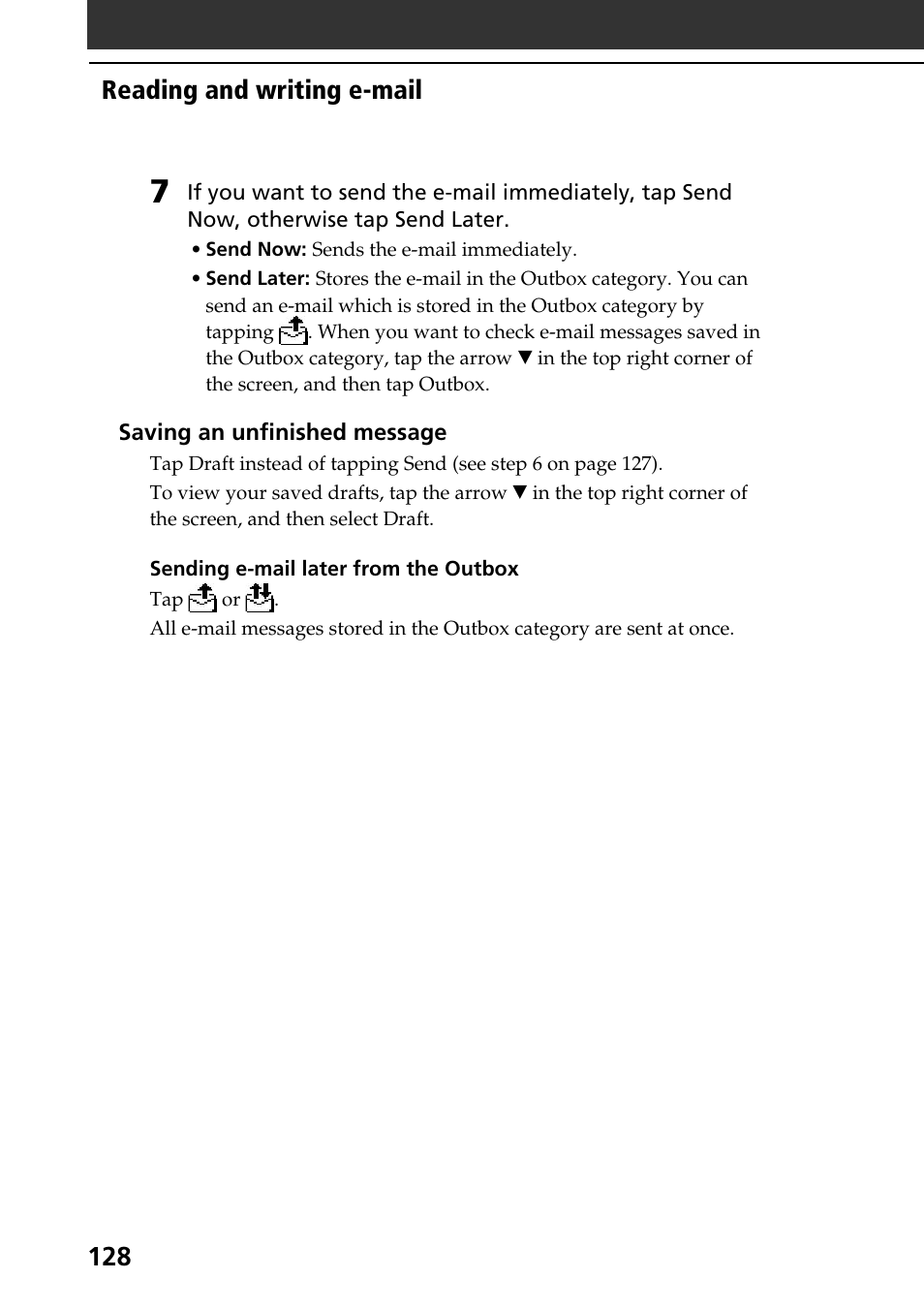Reading and writing e-mail | Sony PEG-NR70V User Manual | Page 128 / 212