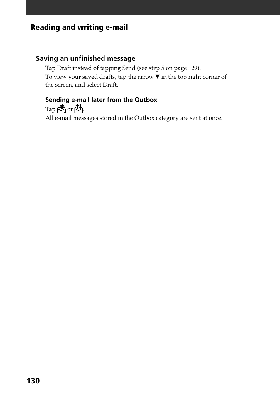 Reading and writing e-mail | Sony PEG-NR70V User Manual | Page 130 / 212