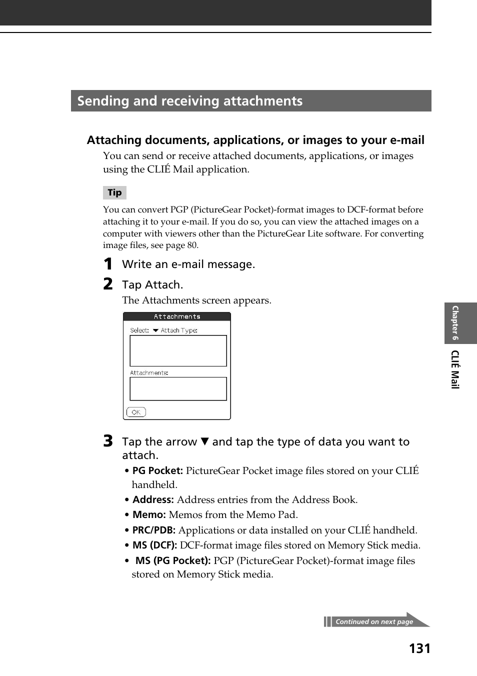 Sending and receiving attachments, Sending and receiving attachments131 | Sony PEG-NR70V User Manual | Page 131 / 212