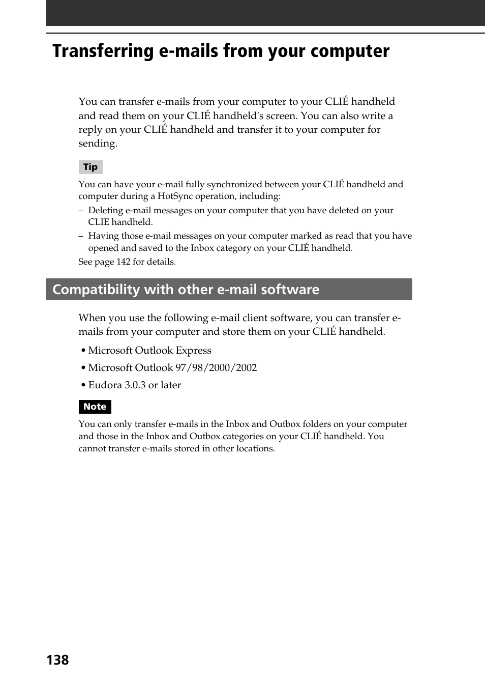Transferring e-mails from your computer, Compatibility with other e-mail software | Sony PEG-NR70V User Manual | Page 138 / 212
