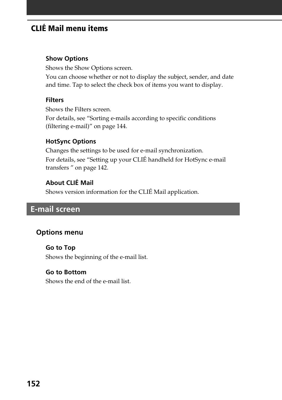 E-mail screen, Clié mail menu items | Sony PEG-NR70V User Manual | Page 152 / 212