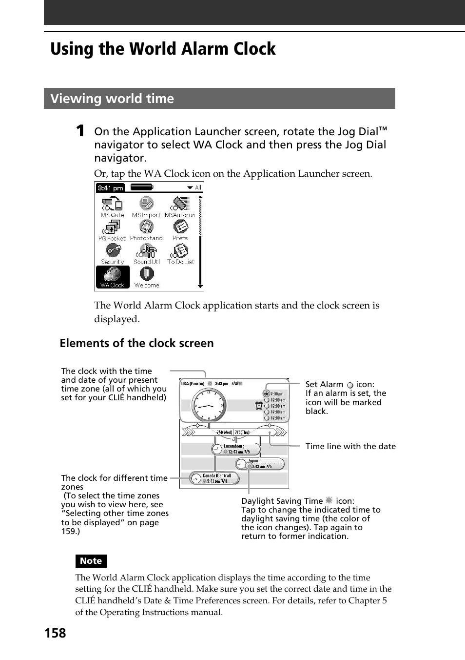 Using the world alarm clock, Viewing world time | Sony PEG-NR70V User Manual | Page 158 / 212