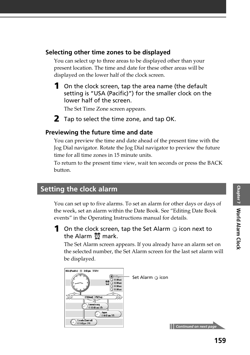 Setting the clock alarm | Sony PEG-NR70V User Manual | Page 159 / 212