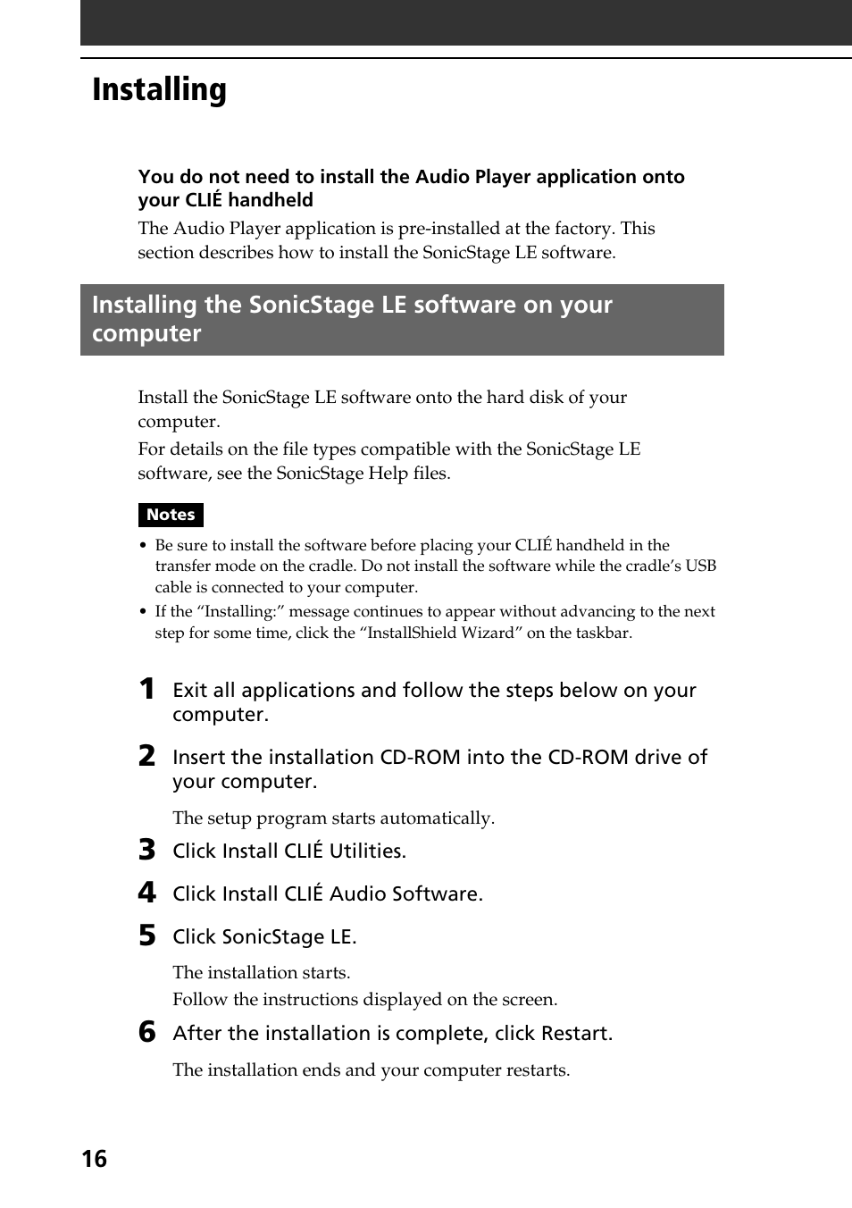 Installing | Sony PEG-NR70V User Manual | Page 16 / 212