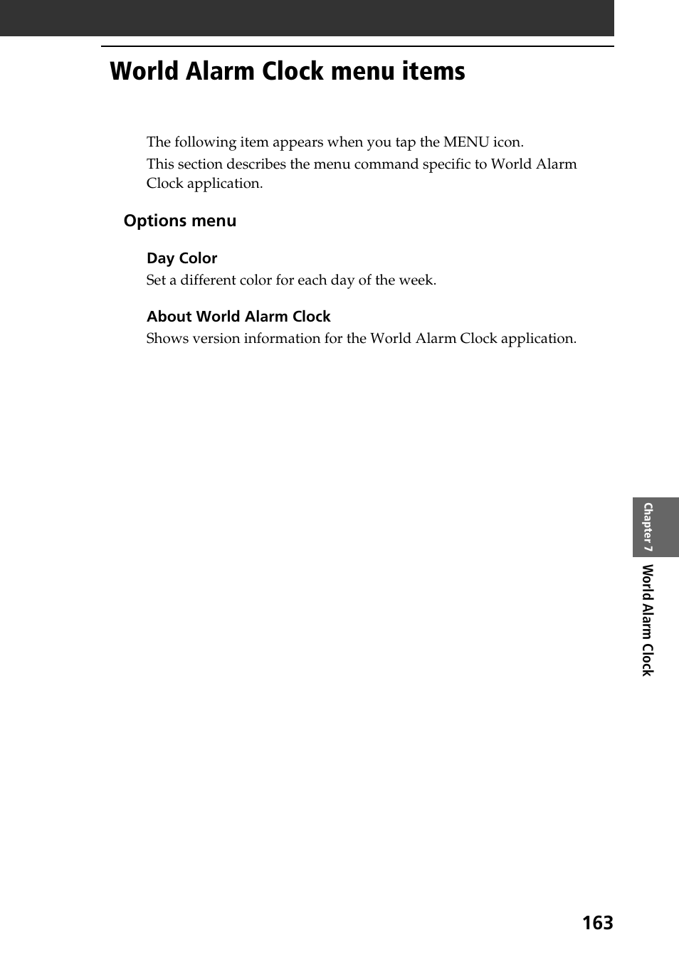 World alarm clock menu items | Sony PEG-NR70V User Manual | Page 163 / 212