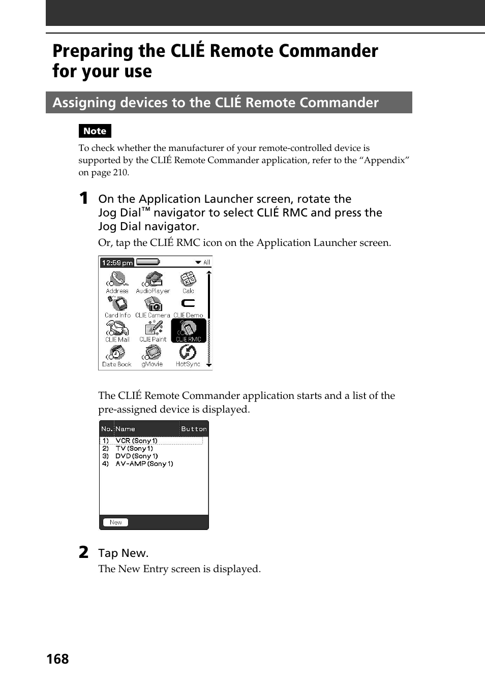 Preparing the clié remote commander for your use, Assigning devices to the clié remote commander | Sony PEG-NR70V User Manual | Page 168 / 212