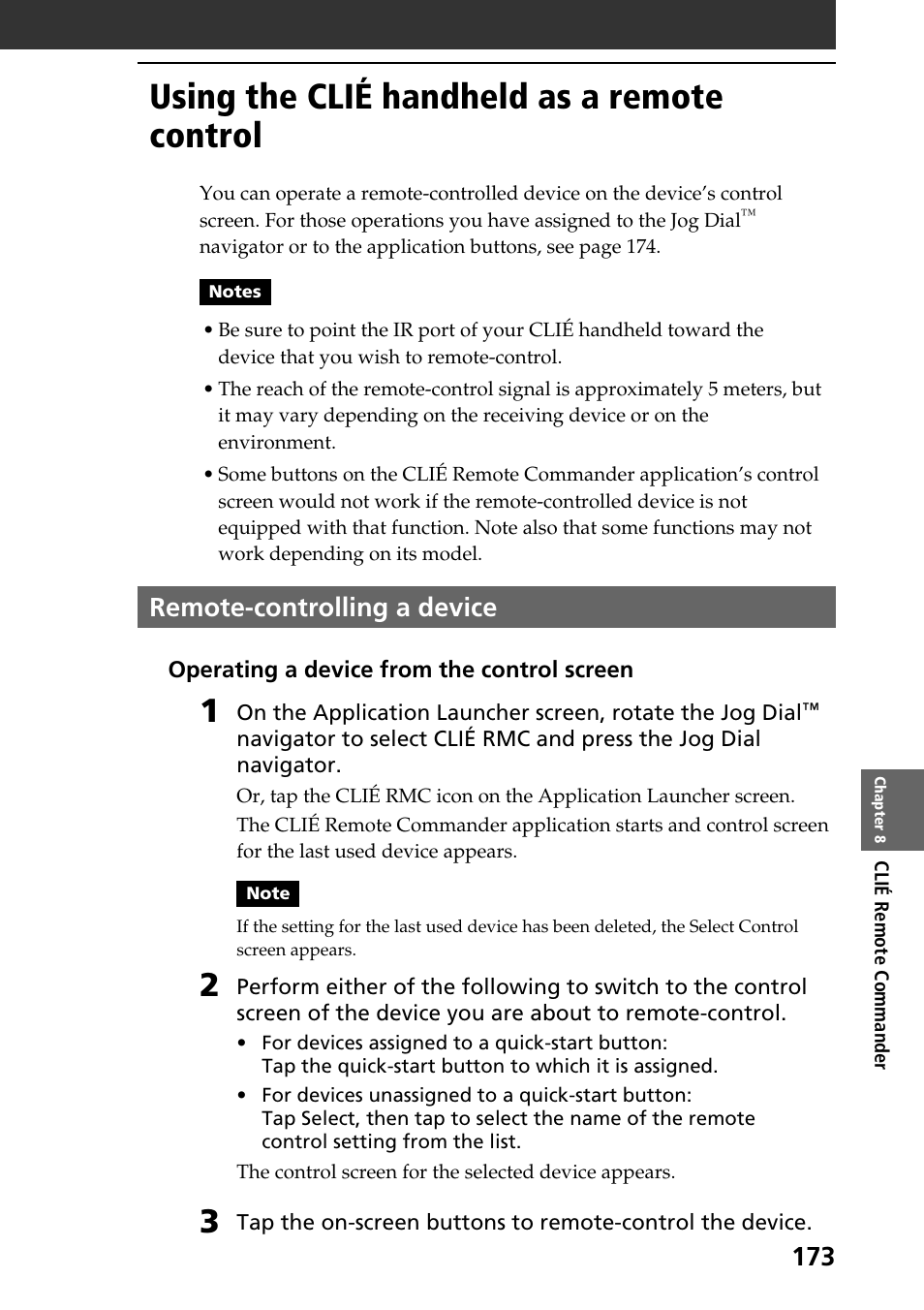 Using the clié handheld as a remote control, Remote-controlling a device | Sony PEG-NR70V User Manual | Page 173 / 212