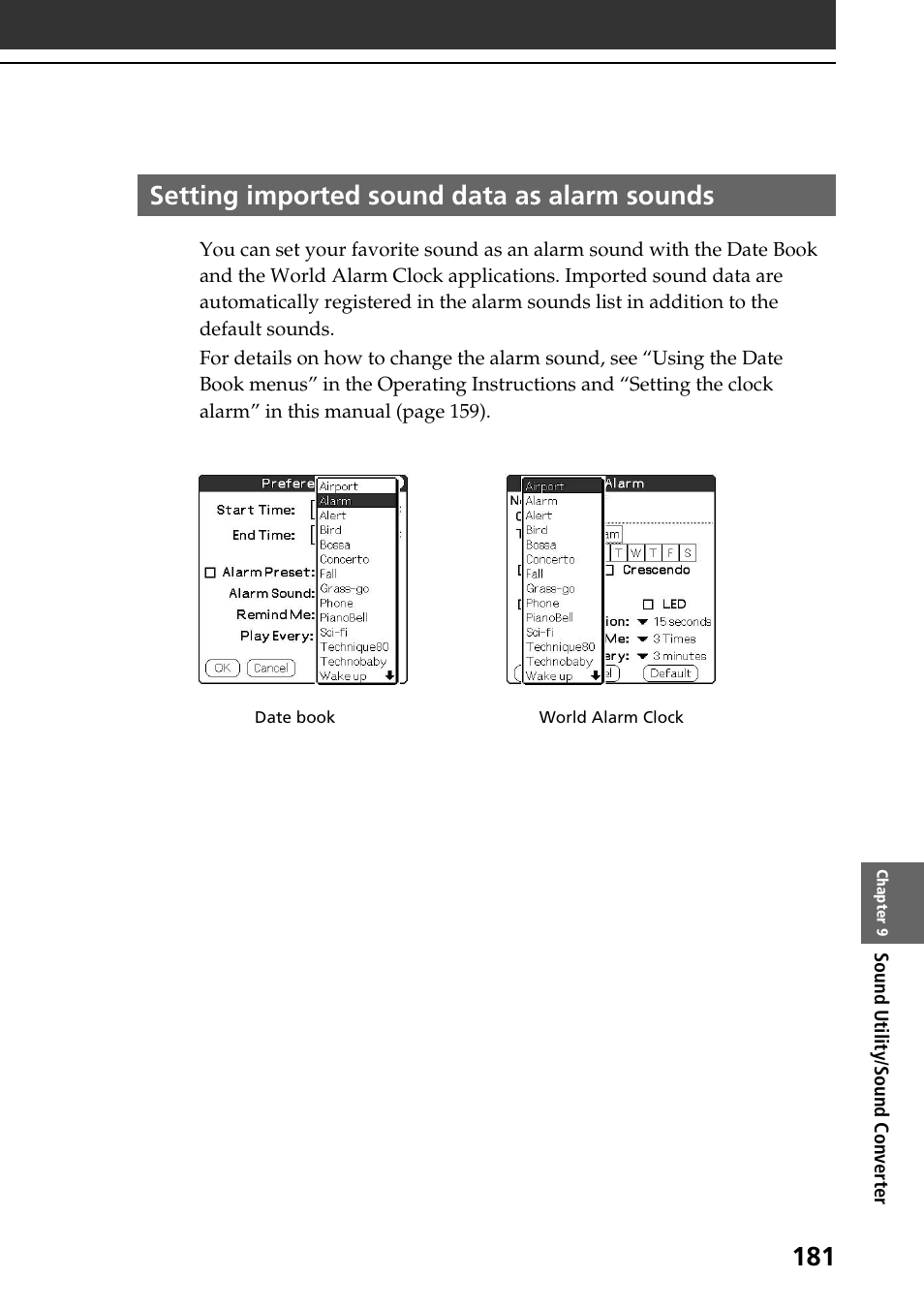 Setting imported sound data as alarm sounds | Sony PEG-NR70V User Manual | Page 181 / 212