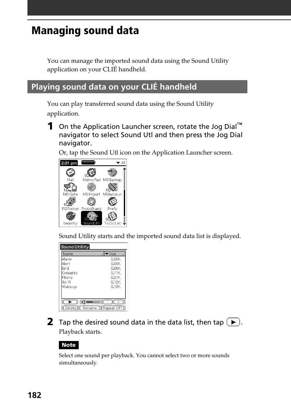 Managing sound data, Playing sound data on your clié handheld | Sony PEG-NR70V User Manual | Page 182 / 212